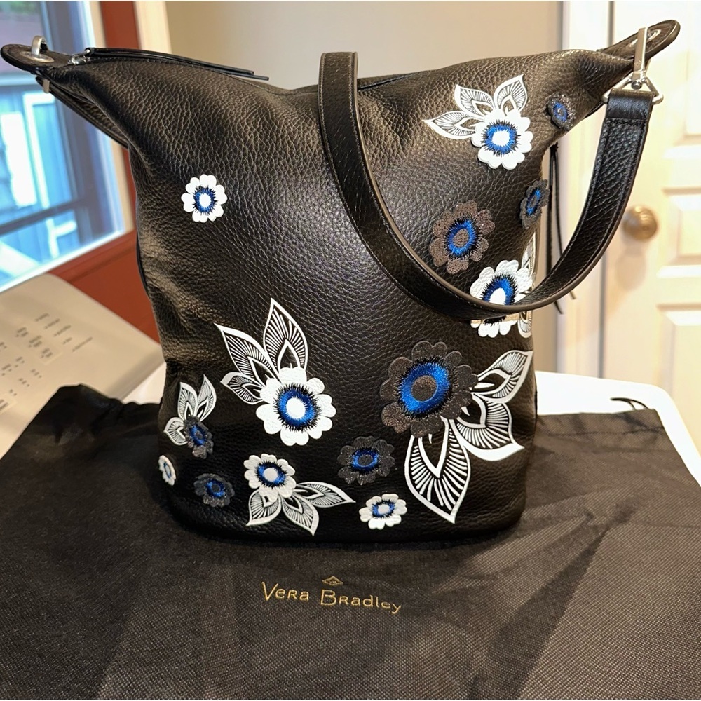 Vera Bradley Lotus Blooms Carson Hobo Crossbody in Black Leather